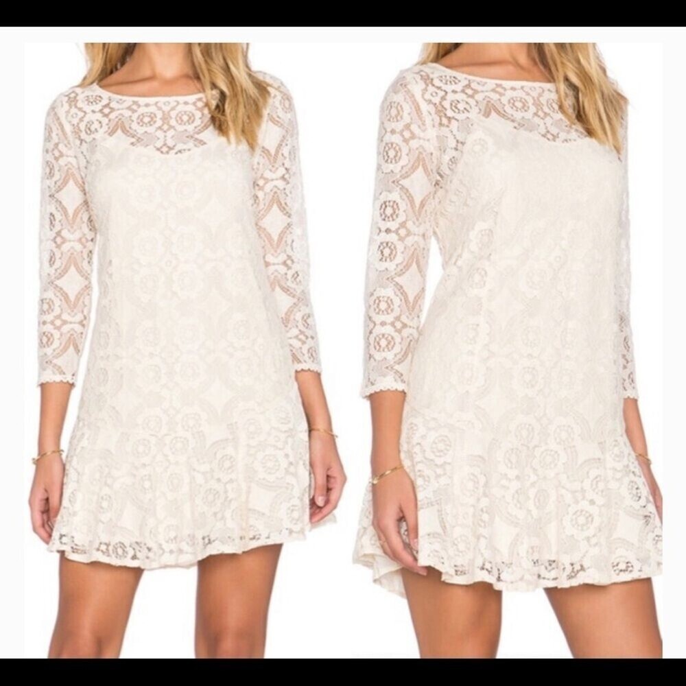 Free People dress Cream Lace Drop Hem Mini Dress SZ 0 classic bridal/wedding